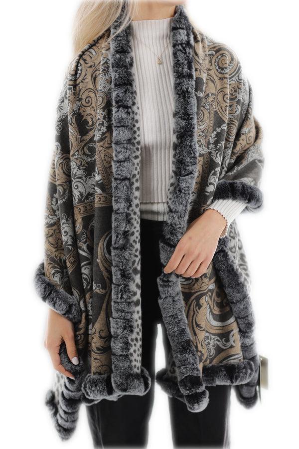 La Fiorentina Reverisible Cashmere Wrap With Rex Rabbit Trim - Brown/Grey