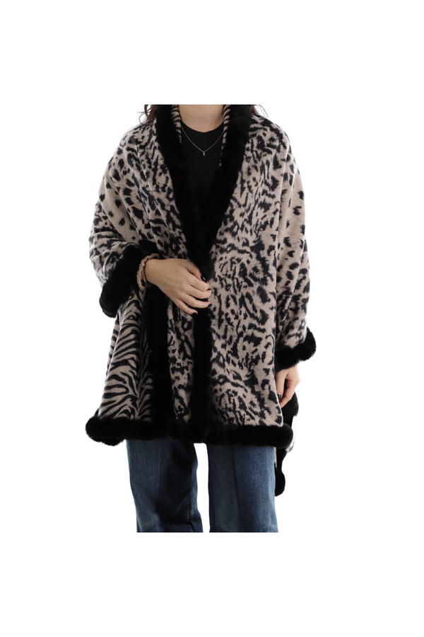 La Fiorentina Reversible Animal Print Wrap With Faux Fur Trim - BLACK