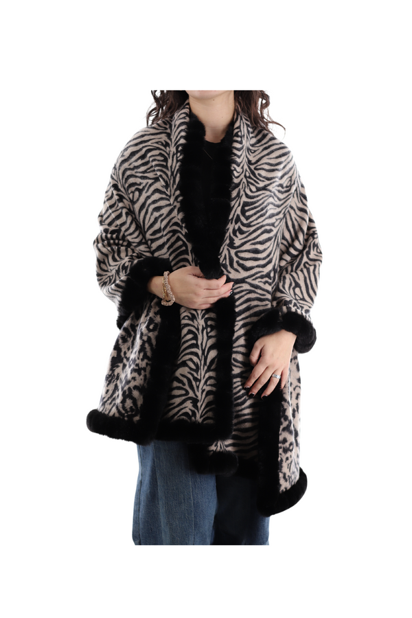la fiorentina Reversible Animal Print Wrap with Faux Fur Trim - BLACK