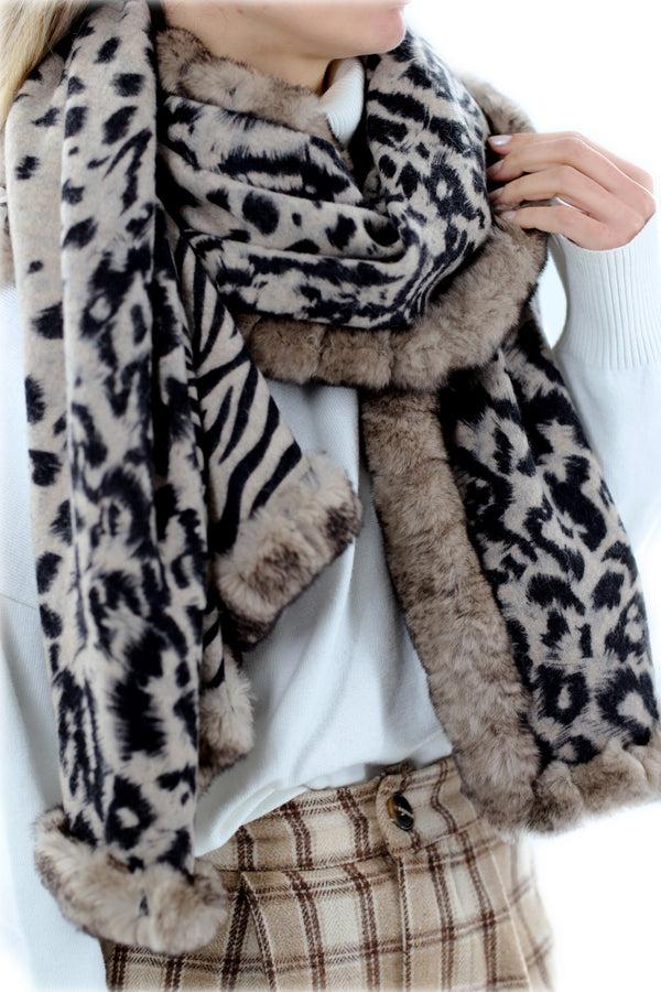 La Fiorentina Reversible Animal Print Wrap With Genuine Rex Rabbit Fur Trim - 100% Wool - Black