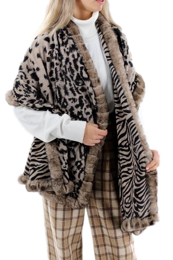 La Fiorentina Reversible Animal Print Wrap With Genuine Rex Rabbit Fur Trim - 100% Wool - Black