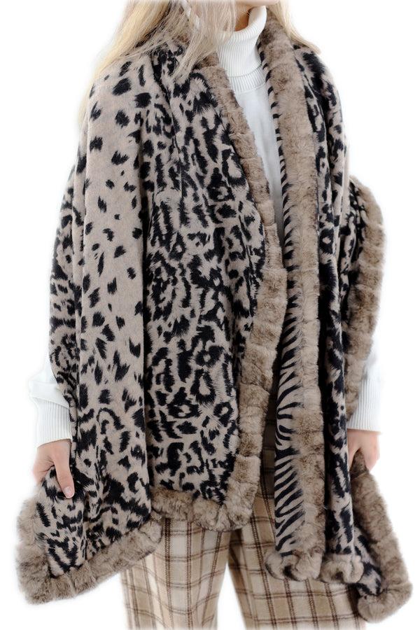 La Fiorentina Reversible Animal Print Wrap With Genuine Rex Rabbit Fur Trim - 100% Wool - Black