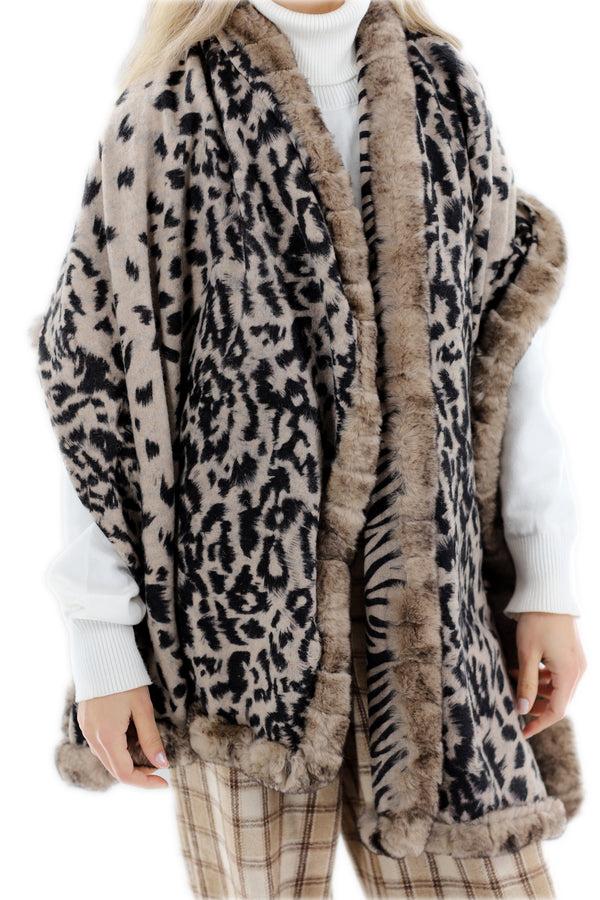 la fiorentina Reversible Animal Print Wrap with Genuine Rex Rabbit Fur Trim - 100% Wool - Black