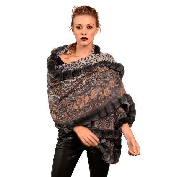 La Fiorentina Reversible Cashmere Wrap With Rex Rabbit Trim - Grey