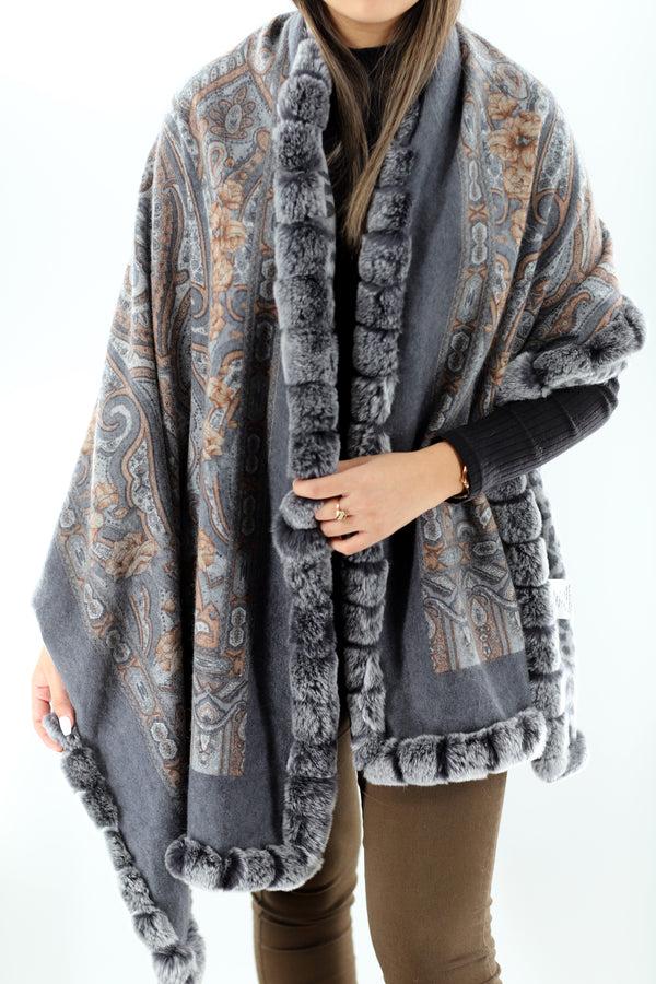 la fiorentina Reversible Cashmere Wrap with Rex Rabbit Trim - Grey