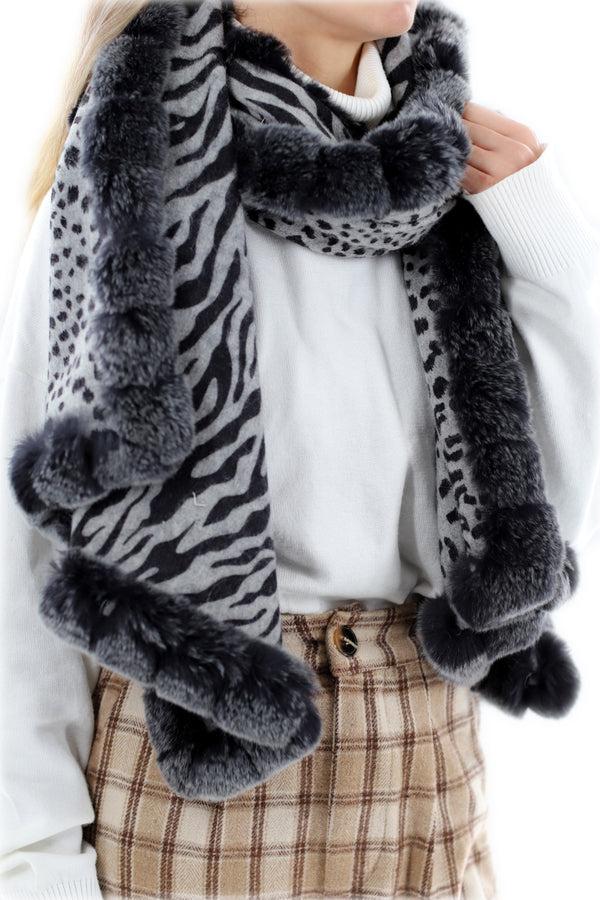 La Fiorentina Reversible Grey Leopard Print Wrap With Genuine Rex Rabbit Fur Trim - Grey Leopard