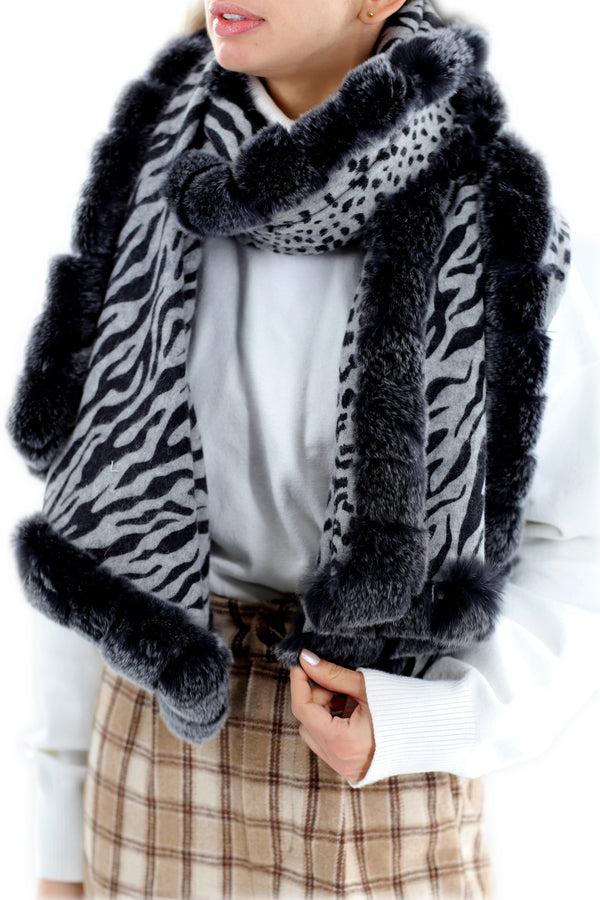 La Fiorentina Reversible Grey Leopard Print Wrap With Genuine Rex Rabbit Fur Trim - Grey Leopard