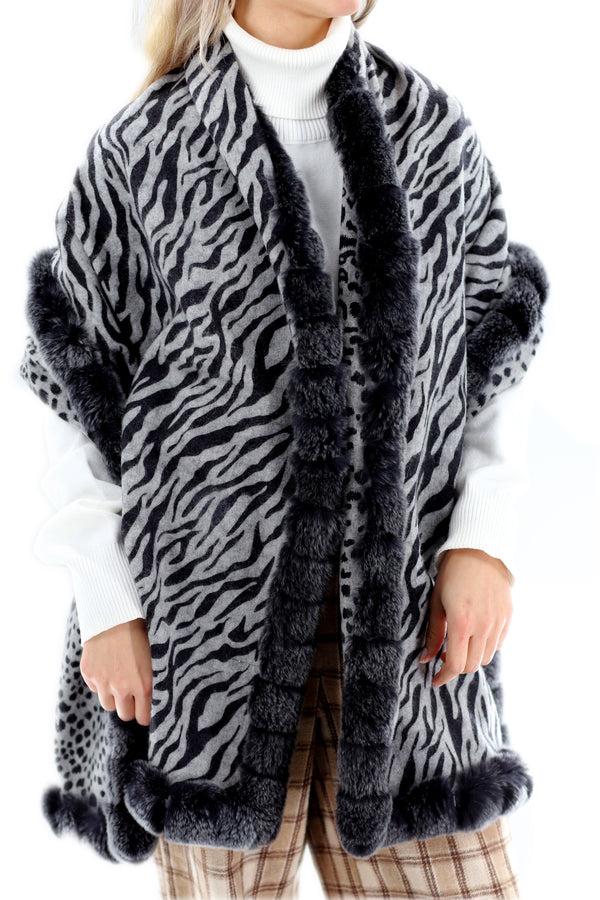 La Fiorentina Reversible Grey Leopard Print Wrap With Genuine Rex Rabbit Fur Trim - Grey Leopard