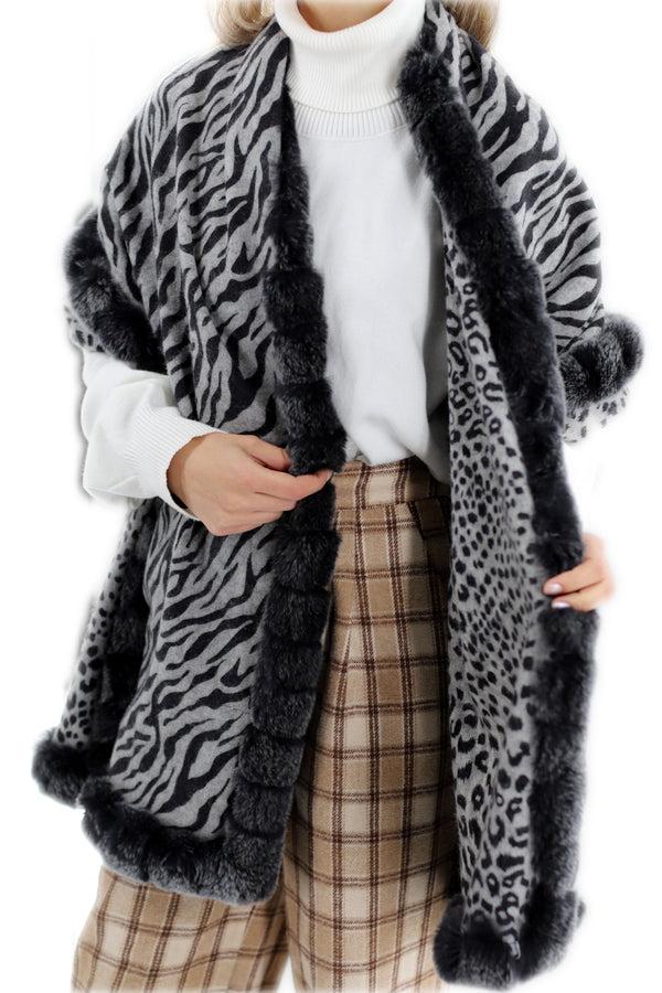 la fiorentina Reversible Grey Leopard Print Wrap with Genuine Rex Rabbit Fur Trim - Grey Leopard
