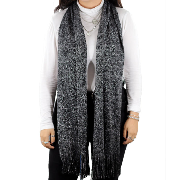 La Fiorentina Solid Lurex Knit Scarf With Fringe-Black