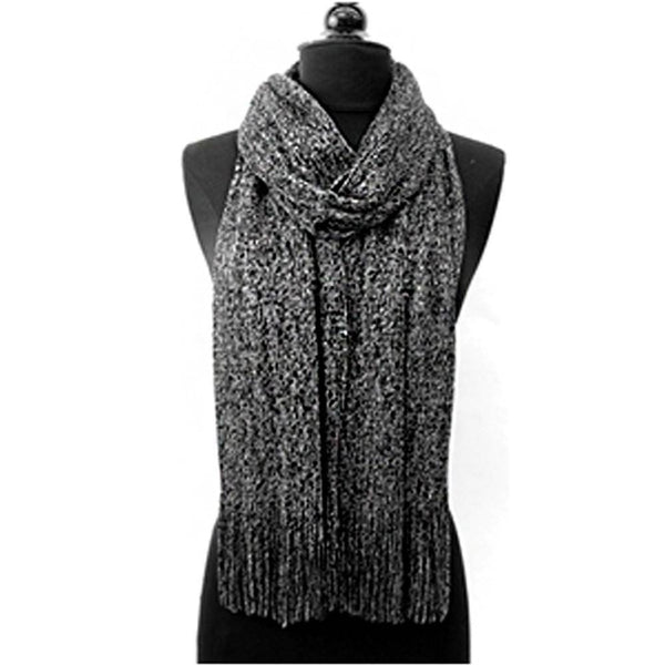 La Fiorentina Solid Lurex Knit Scarf With Fringe-Black