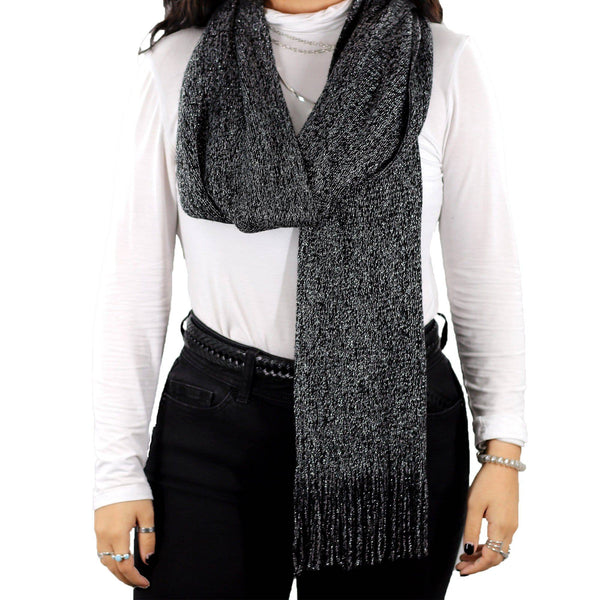 la fiorentina Solid Lurex Knit Scarf With Fringe-Black