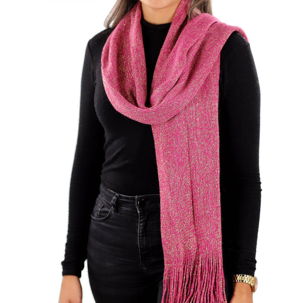 la fiorentina Solid Lurex Knit Scarf With Fringe-Pink