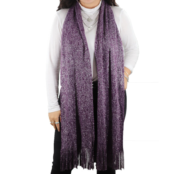 La Fiorentina Solid Lurex Knit Scarf With Fringe-Purple