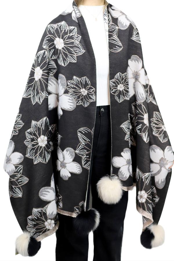 La Fiorentina Stylish Floral Print Wrap With Fox Poms - Black & Beige