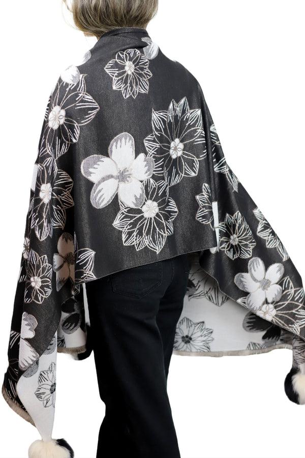 La Fiorentina Stylish Floral Print Wrap With Fox Poms - Black & Beige