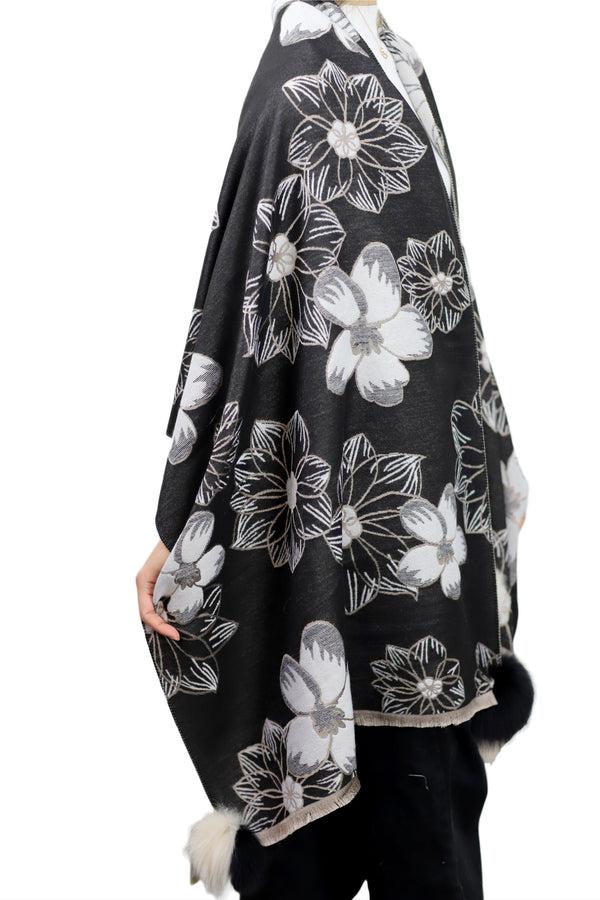 La Fiorentina Stylish Floral Print Wrap With Fox Poms - Black & Beige