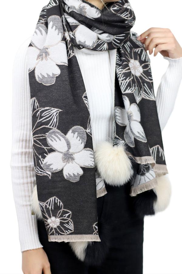 la fiorentina Stylish Floral Print Wrap with Fox Poms - Black & Beige