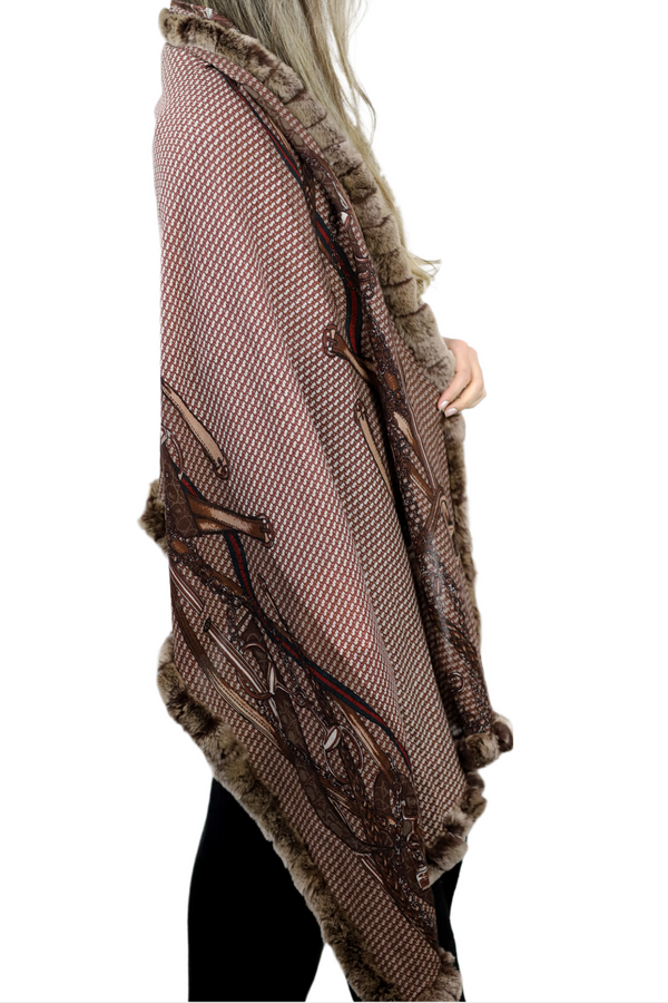 La Fiorentina Stylish Print Rex Fur Trim Wrap - Camel