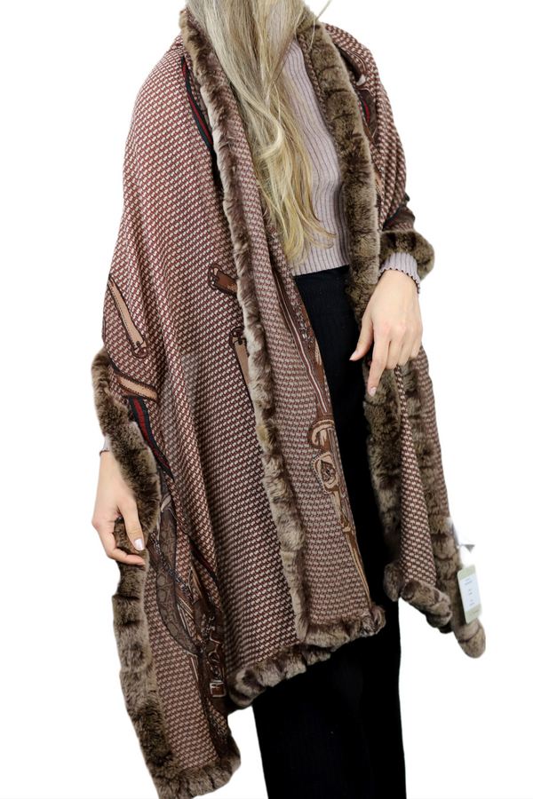 La Fiorentina Stylish Print Rex Fur Trim Wrap - Camel