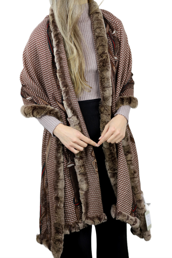 La Fiorentina Stylish Print Rex Fur Trim Wrap - Camel