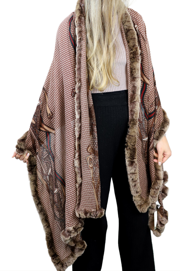 la fiorentina Stylish Print Rex Fur Trim Wrap - Camel
