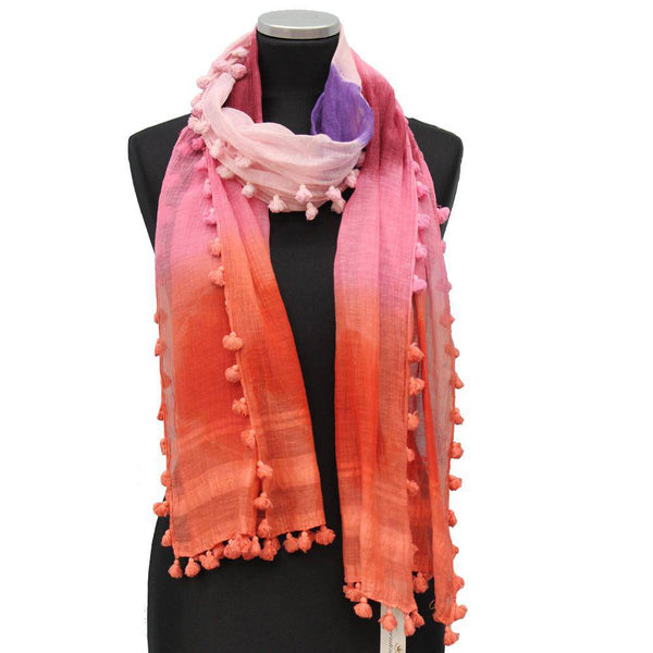 La Fiorentina Tie Dye Print Scarf W/ Pom Tassels - Pink Combo