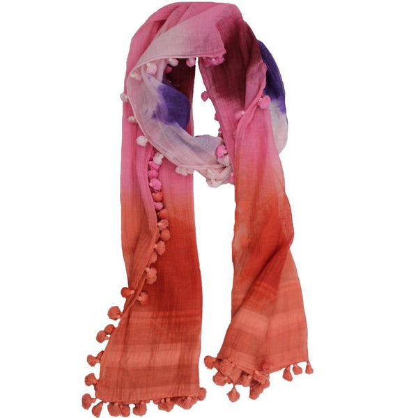 La Fiorentina Tie Dye Print Scarf W/ Pom Tassels - Pink Combo