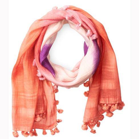 la fiorentina Tie Dye Print Scarf w/ Pom Tassels - Pink Combo