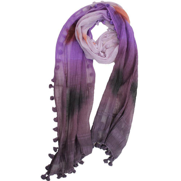La Fiorentina Tie Dye Print Scarf W/ Pom Tassels - Plum Combo
