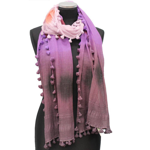 La Fiorentina Tie Dye Print Scarf W/ Pom Tassels - Plum Combo