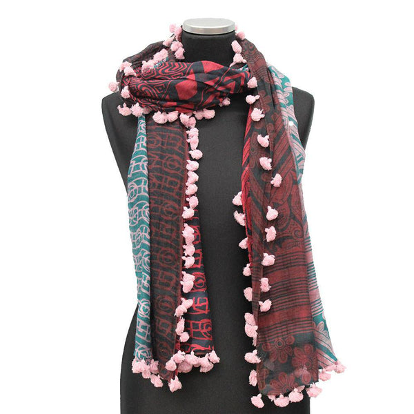 La Fiorentina Tribal & Floral Printed Pom Pom Scarf - Pink
