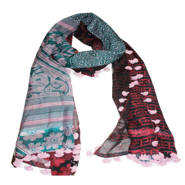 La Fiorentina Tribal & Floral Printed Pom Pom Scarf - Pink