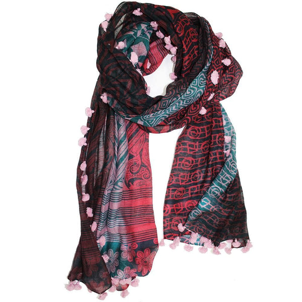 la fiorentina Tribal & Floral Printed Pom Pom Scarf - Pink