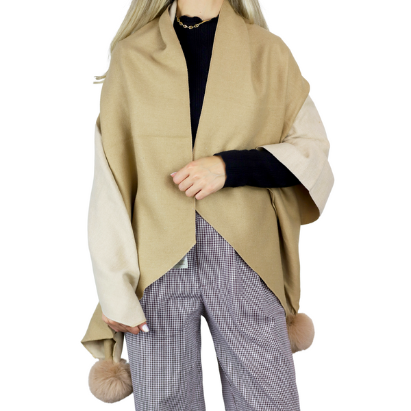 La Fiorentina Two Tone Scarf With Faux Fur Poms In Beige