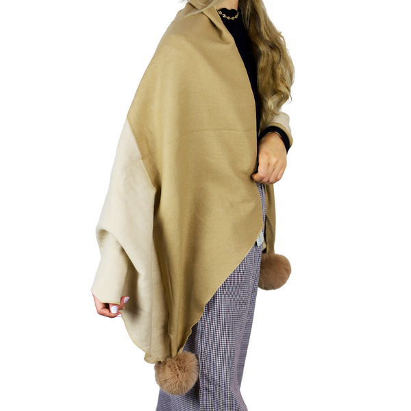 La Fiorentina Two Tone Scarf With Faux Fur Poms In Beige