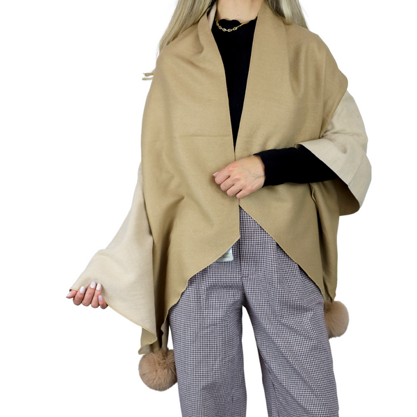 la fiorentina Two Tone Scarf with Faux Fur Poms in Beige