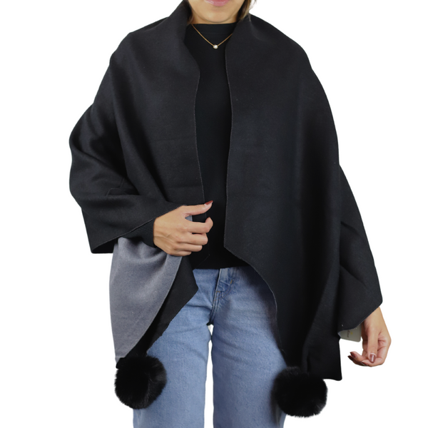 La Fiorentina Two Tone Scarf With Faux Fur Poms In Black