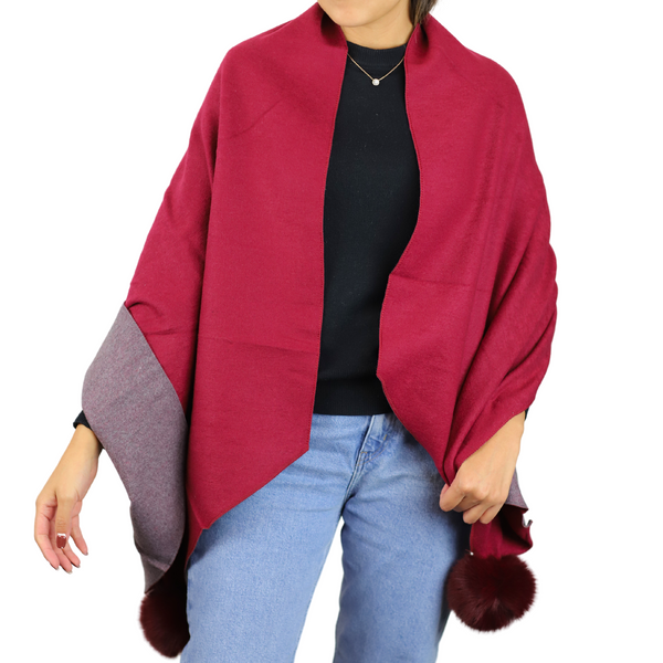 La Fiorentina Two Tone Scarf With Faux Fur Poms In Wine