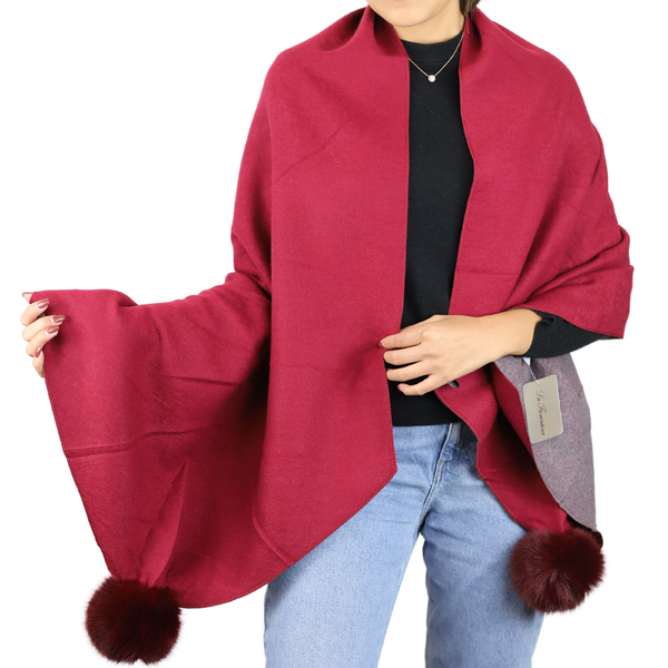 La Fiorentina Two Tone Scarf With Faux Fur Poms In Wine