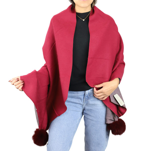 La Fiorentina Two Tone Scarf With Faux Fur Poms In Wine