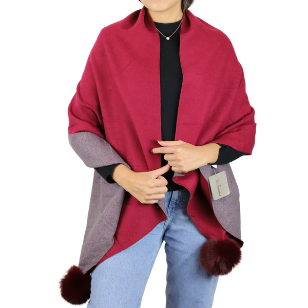 la fiorentina Two Tone Scarf with Faux Fur Poms in Wine