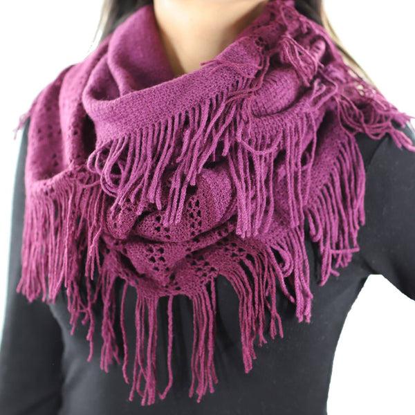 la fiorentina Two Toned Knit/Crochet Scarf w/ Tassels - Amethyst/Deep Plum