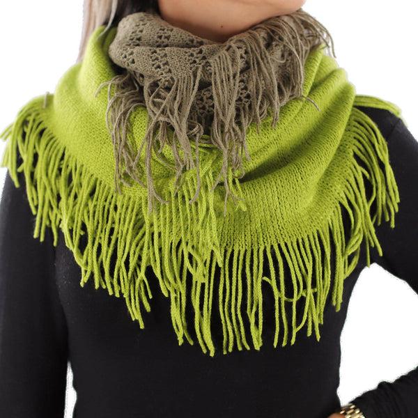 la fiorentina Two Toned Knit/Crochet Scarf w/ Tassels - Bright Sage/Olive Green