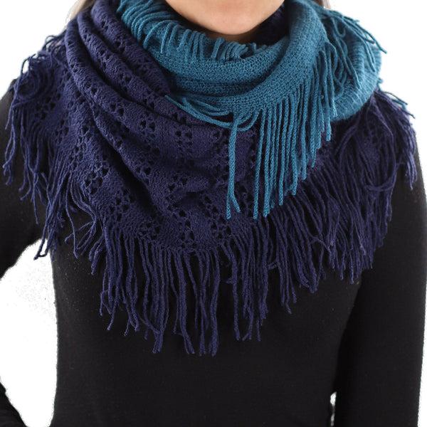 la fiorentina Two Toned Knit/Crochet Scarf w/ Tassels - Deep Ocean/Midnight Blue