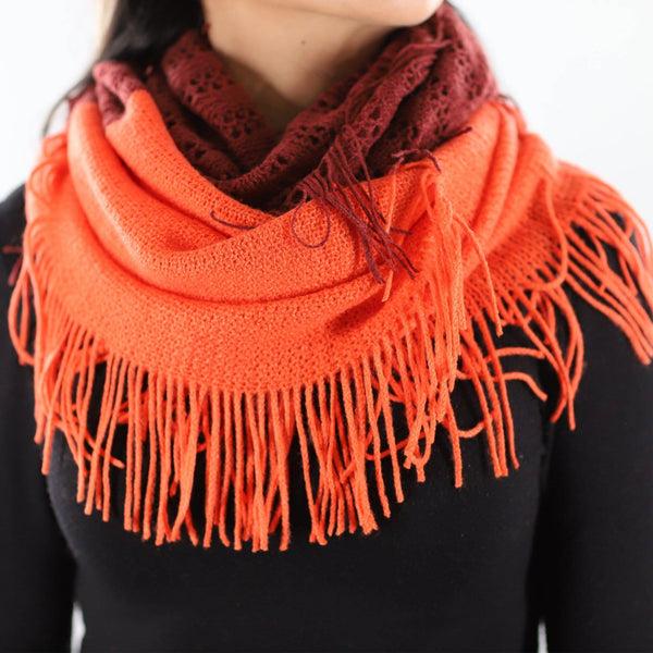 la fiorentina Two Toned Knit/Crochet Scarf w/ Tassels - Terra Cotta/Burnt Sienna