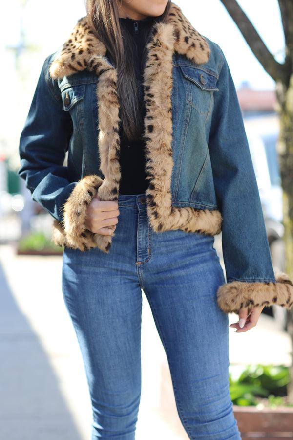 la fiorentina Vintage Denim Jacket with Fur Trimmed Border - Natural