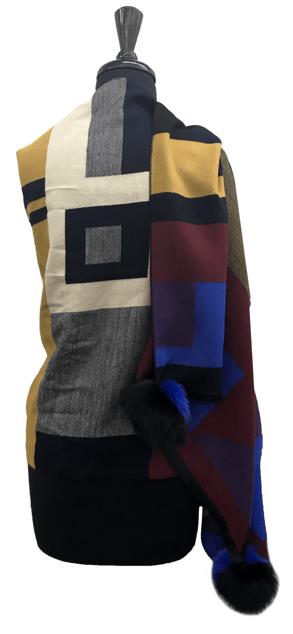 La Fiorentina Woven Scarf With Fox Fur Poms- Navy Mixed