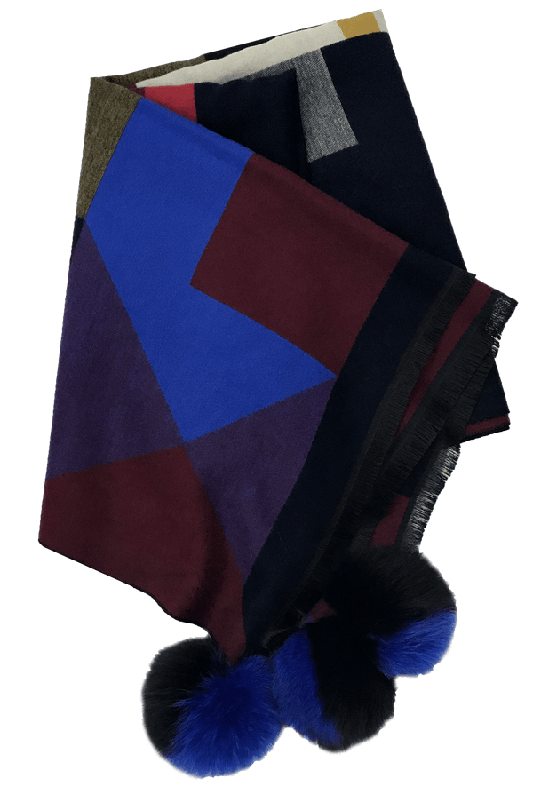 La Fiorentina Woven Scarf With Fox Fur Poms- Navy Mixed