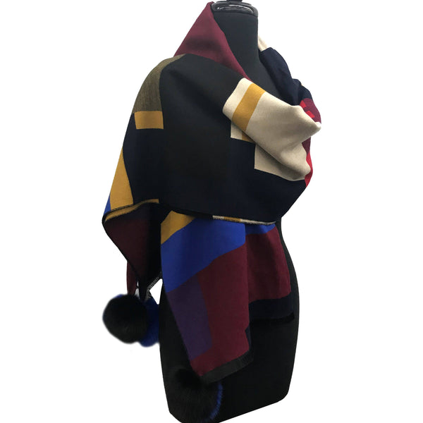 la fiorentina Woven Scarf with Fox Fur Poms- Navy Mixed